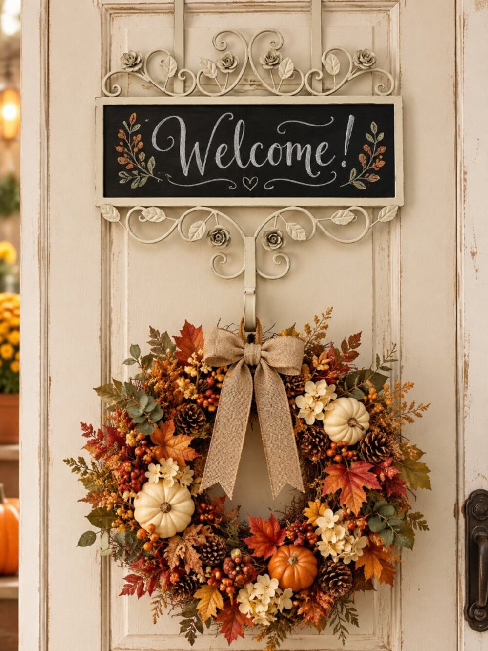 Shabby Chic Metal Chalkboard Wreath Hanger Over Door Floral Farmhouse Décor
